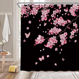 Cherry Blossom Shower Curtain Pink Flower Floral Butterfly Nature Spring Black Bathroom Home Curtain with Hooks,70" Wx70 H
