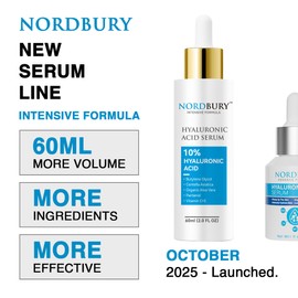 NORDBURY Hyaluronic Acid Serum, 10% Hyaluronic Acid with Vitamin C & E, Aloe Vera, Panthenol, Centella Asiatica, Enhanced Moisturization Hydrating Elasticity and Plump up the Skin Day and Night - 60ml