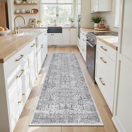 Washable 2x8 Runner Rug - Non Slip Vintage Kitchen Runner Rugs Low-Pile Distressed Long Rugs for Hallway Waterproof Medallion Indoor Carpet for Living Room Bedroom Entryway 2'x8' Grey