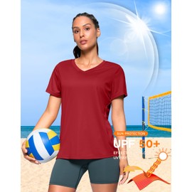 SANTINY Women's V Neck Short Sleeve Shirts Uv Protectioin Moisture Wicking Hiking Workout Athletic T Shirts for Women (Red_M)