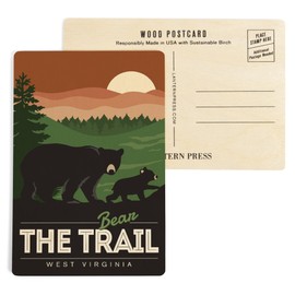 West Virginia, Bear the Trail, Bear Family, Vector (4x6 Birch Wood Postcards, 2-Pack Stationary, Rustic Home Wall Decor)