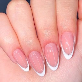 GUAACCB Almond Press on Nails Glitter French Tips Fake Nails Medium White French Nails Press On Stick On Nails with White Curve Line Design Full Cover Acrylic Nails Artificial Nails for Women 24Pcs