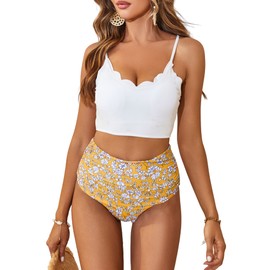 ZAFUL Women's Scalloped Textured Swimwear High Waisted Wide Strap Adjustable Back Lace-up Bikini Set Swimsuit (S, White&Yellow-Flower)