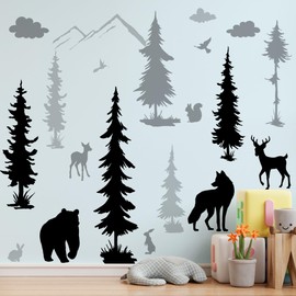 Cartoon Large Forest Pine Tree and Animals Wall Decor Deer Bear Squirrels Bird Silhouette Sticker DIY Peel and Stick Cloud Mountain Wall Decal for Kids Baby Boys Bedroom Living Room Nursery (Black)