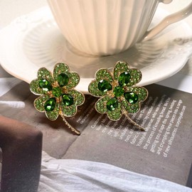 Hpoewre St. Patrick's Day Earrings, Large Clover Stud Earrings for Women, 14K Gold Plated S925 Sterling Silver Post Lightweight 4 Leaf Crystal Earrings, Irish Festival Jewelry Gift (Green)