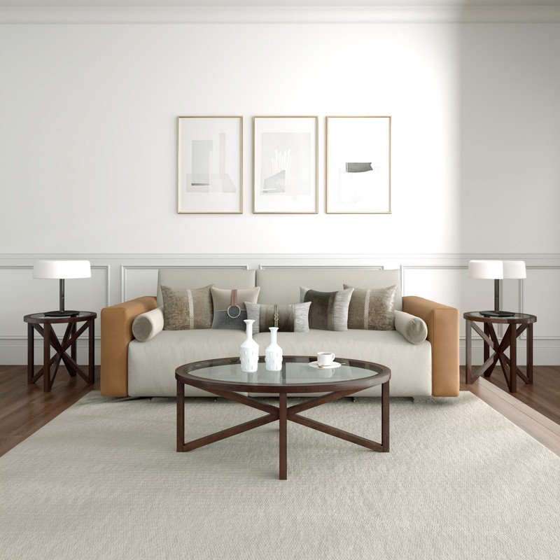 Polibi Modern Oval Glass Coffee Table, Solid Wood Base Tempered