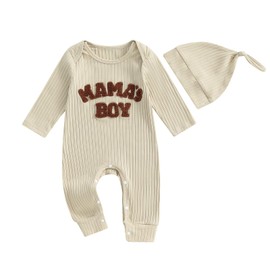 Newborn Baby Boy Coming Home Outfit Clothes Long Sleeve MAMA’S BOY Letter Print Romper Ribbed Knit Jumpsuit Hat Fall Bodysuit (Beige, 3-6 Months)