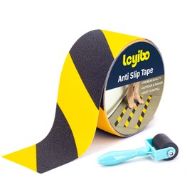 Leyibo Anti Slip Tape with Roller, 3” x 35Ft, Non Slip Safety Grip Tape for Stair Step Outdoor/Indoor, Waterproof Non Skid Tape for Bathtub, Boat, Pool, Comfortable for Bare Feet, Caution Yellow/Black