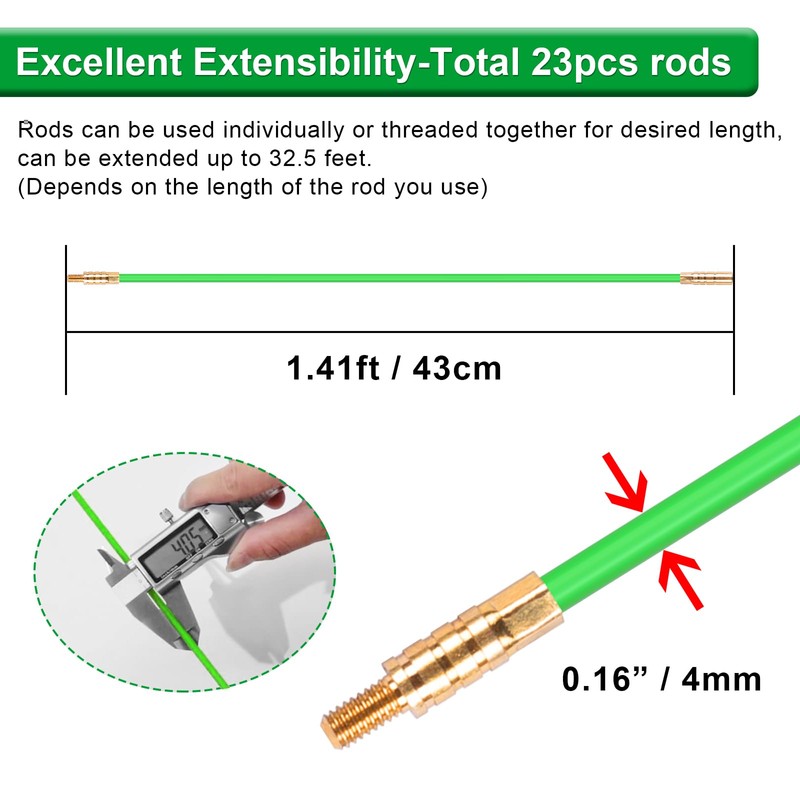 32.5FT Fiberglass Running Electrical Wire Cable Glow Rods Wire Pulling,