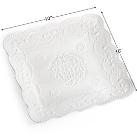 Tebery Set of 4 Square Embossed Ceramic Plate, 10 Inch Elegant Dinner Plates Ivory White, Appetizer Salad Serving Plates Kitchen Plates for Christmas Afternoon Tea Banquet Wedding Party Steak Pasta