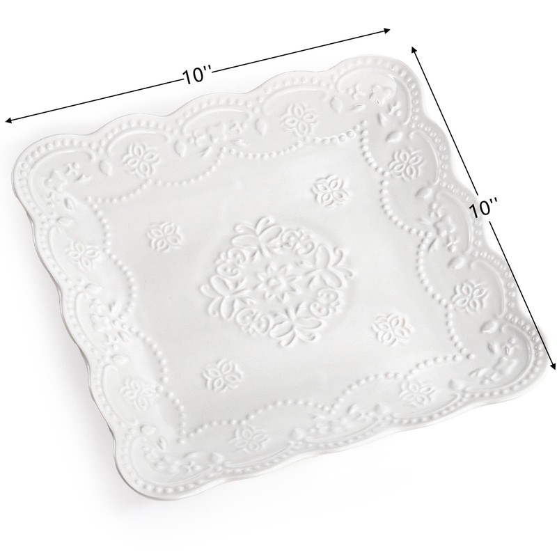 Tebery Set of 4 Square Embossed Ceramic Plate, 10 Inch