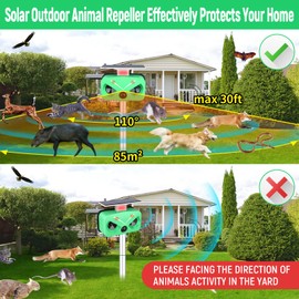 Solar Animal Repeller Ultrasonic,Cat Repellent Outdoor with Motion Detection and LED Flashing Light and Sound,Waterproof Ultrasonic Deer Repellent Repel Dog,Squirrel,Deer, Raccoon,Skunk,Rabbit