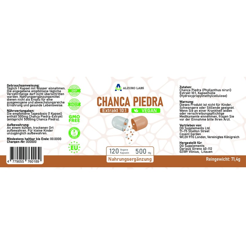 Alzuro Labs Chanca Piedra 5,000 mg Equivalent (500 mg 10:1