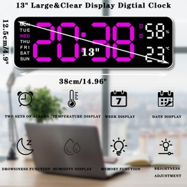 Gevvnss 13 Large Digital Wall Alarm Clock with Remote Control,LED Display Wall Clock Adjustable Brightness with Date and Day/Temperature for Home Gym Office and Classroom,Black+Pink