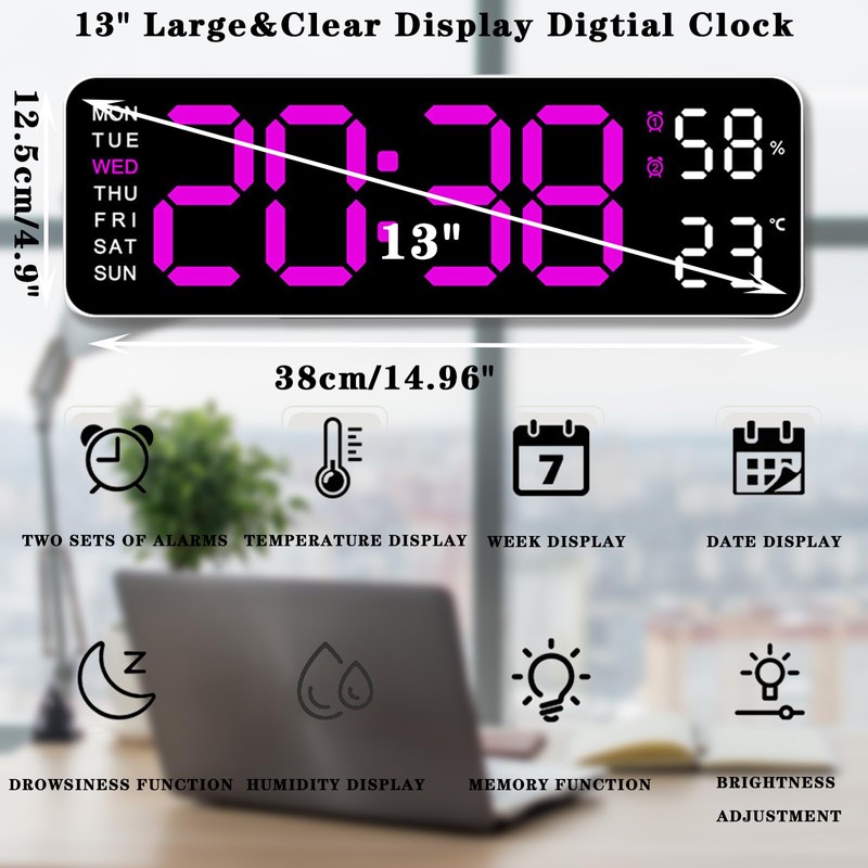Gevvnss 13 Large Digital Wall Alarm Clock with Remote Control,LED