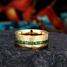 Reseldda Crushed Emerald Inlay 8mm Mens Tungsten Wedding Bands with 14K Yellow Gold Plated - Matte Brush Hammered Gold Tungsten Rings for Men's Daily Wear - Tungsten Carbide Green Birthstone Ring Gift