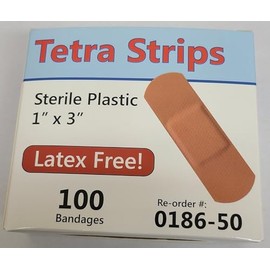 One Case of Tetra Strips Adhesive Bandages, Plastic, 1" x 3" Latex-Free Sterile, 100 Bandages per Box, 36 Boxes per Case