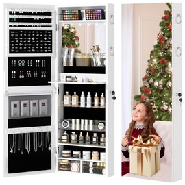VECELO Jewelry Cabinet with Mirror, Jewelry Armoire with Lockable Full Length Mirror, Wall/Door Mounted, Interior Mirror & Makeup Light, Gift Idea, White