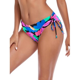 Ocean Blues Women's Colorful Leaves Sides Drawstring Full Coverage Bikini Bottom Size Large
