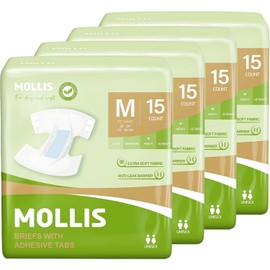 MOLLIS Adult Diapers for Women and Men, Unisex Disposable Incontinence Briefs with Tabs, Odor Control, Medium, 60 Count (4 Packs of 15)
