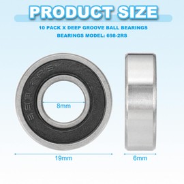 PATIKIL 698-2RS Deep Groove Ball Bearing 8mm x 19mm x 6mm, 10 Pack Double Rubber Sealed Miniature Bearings for Electric Motor Industrial Machine, Black&Silver
