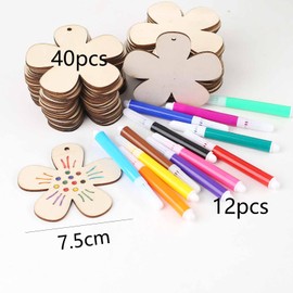 HERZONE 52 Pieces Wooden Flowers for Painting with Watercolour Pencil, Spring Decoration Pendant, Flowers, Wooden Pendant, Spring Pendant, Wooden Hanging Window Decoration (Natural (Flowers))
