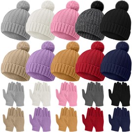 JaGely 20 Pcs Kids Beanie and Glove Set Winter Warm Hat and Gloves Unisex Knit Winter Hat with Pompom Full Fingers Knitted Ski Gloves for Boys Girls Gift Colorful