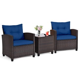 ORALNER 3 Pieces Patio Furniture Set, Outdoor Wicker Conversation Set Rattan Chairs with Cushions, Glass Coffee Table, Bistro Set for Front Porch Balcony Garden Deck Poolside (Navy)