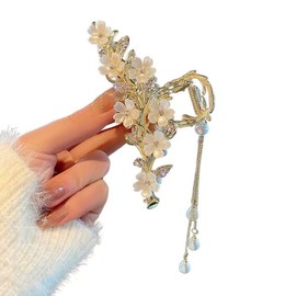 Jasmine Metal Hair Claw Clips with Pearl Rhinestone Design - Large Non-slip Jaw Clamps and Flower Styling Hair Accessories for Women and Girls