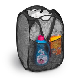 Smart Design Deluxe Mesh Pop Up Square Laundry Hamper w/ Side Pocket & Handles - VentilAir Fabric Collapsible Design - for Clothes & Laundry - Home - (Holds 2 Loads) (14 x 23 Inch) [Black]