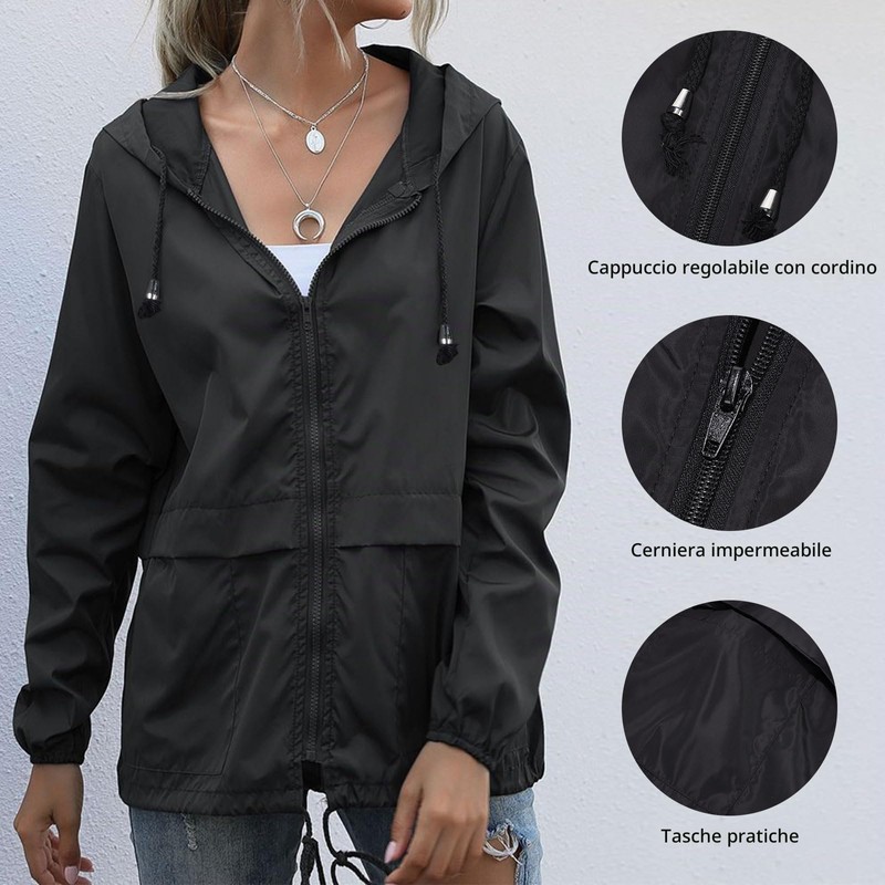 Giacca impermeabile leggera da donna, ripiegabile, con cappuccio, per escursionismo,