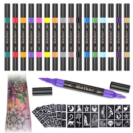Metker Temporary Tattoo Markers for Skin | Dual-End 16-Count Body Markers + 77 Large Tattoo Stencils | Temporary tattoos for Adults and Kids | Flexible Brush Tip, Bright colors, Skin-Safe*, Cosmetic-Grade