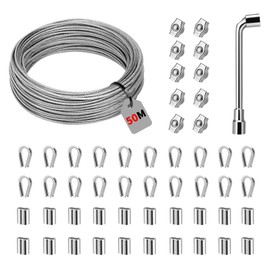 50 m Wire Rope Stainless Steel Set, 2 mm Steel Cable with Wire Rope Thimbles, Aluminium Crimping Loops, Wire Rope Clips, Tension Wire PVC Coated for Climbing Plants, Fences, String Light Suspension
