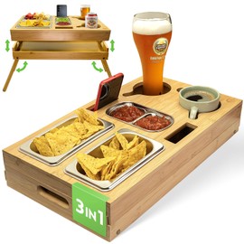 naturlik 3-in-1 Couchbar Snackbox mit klappbaren Beinen – XL Serviertablett, Betttablett und Laptop-Tisch – 3 Edelstahl-Schalen & Getränkehalter – Bambus Sofatablett & Couch Butler Holz 46x27,5cm