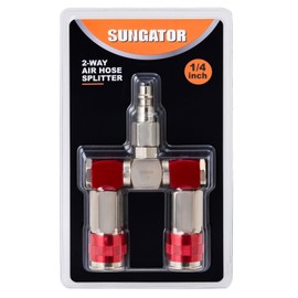 SUNGATOR 2 Way Air Hose Splitter, 1/4 Inch Air Hose Fitting, 1/4'' Quick Connect Manifold Fitting with 2 Universal Couplers & 1 Industrial Air Plug, 360 Degree Swivel Hose Connector, Red