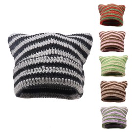Cat Ear Beanie Y2K Striped Crochet Hat, Devil Stripes Winter Knitted Beanie Hat,Fairy Grunge Headwear Accessories for Women (Black)