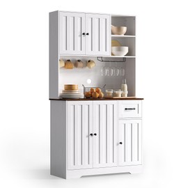 Gizoon Large Pantry Cabinet with Storage, 71" H Farmhouse Kitchen Hutch Cabinet, with Adjustable Shelves and Wine Rack, Modern White Coffee Bar with Round Hooks for Dining Room, Retro