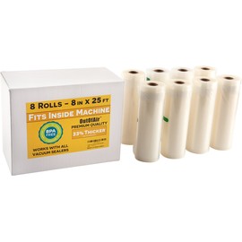 8" x 25' Rolls (Fits Inside Machine) - BULK 8 Pack (200 ft total) OutOfAir Vacuum Sealer Rolls Works With FoodSaver & Other Machines, 33% Thicker BPA Free Sous Vide Commercial Grade Bags