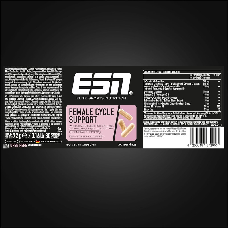 ESN Female Cycle Support, 90 Kapseln, vegan, mit L-Carnitin, Pflanzenextrakten,