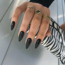 Black False Nails Almond, SXVME Black Press on Nails Almond Solid Color Full Cover Fake Nails Medium Almond Nails Press on Stick on Nails for Women DIY Nail Art 24 Pcs