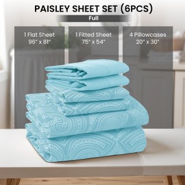 LUX Decor Paisley Full Sheet Set, 6 PC Soft Microfiber Wrinkle Free Sheets - Luxurious Printed Bed Sheets Includes Flat Sheet, Fitted Sheet with Deep Pockets, & 4 Pillowcases - Blue