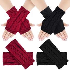 Kieswan 2 Pairs of Fingerless Gloves for Men and Women, Stretchy Arm Warmers, Unisex Pulse Warmers, Winter Knitted Hand Warmers without Fingertips, Thin Gloves, black, red