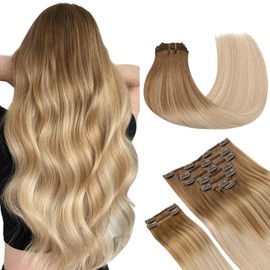 MAXITA Human Hair Extensions Clip in,150g 9pcs Ash Bronde Highlight 24 Inch,Hair Extensions Clip in Real Human Hair Remy Hair Extensions Clip in Straight Hair Extensions for Woman
