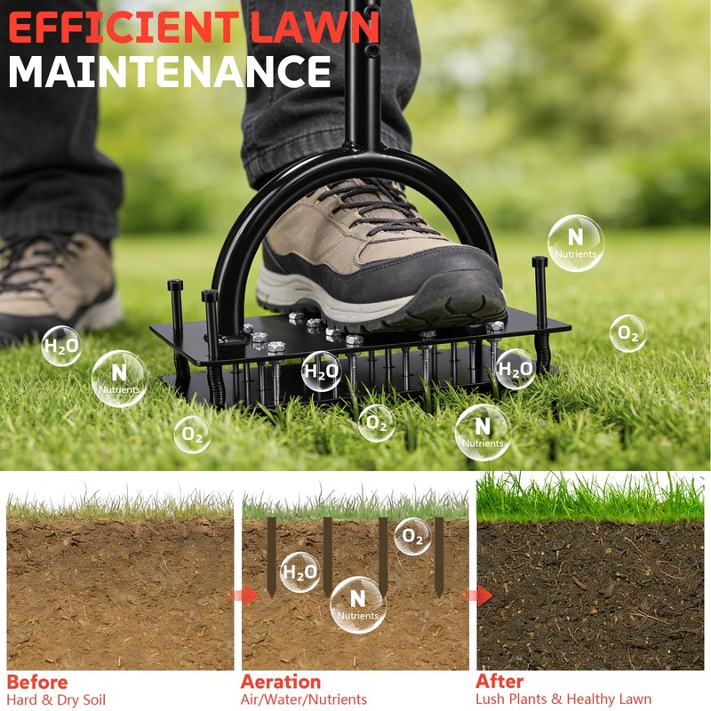 Lawn Aerator Tool, 16 Iron Spikes Manual Grass Aerator Lawn