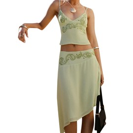 Women's 2 Piece Lace Floral Print Spaghetti Strap Beach Holiday Tropical Print Tie Backs Camp Top and Maxi Skirt Outfit Set, A-Green, S