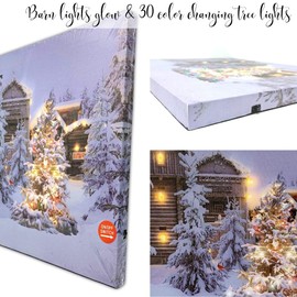 BANBERRY DESIGNS Lighted Christmas Wall Art - 12 x 16 Canvas Print with Cabins Cardinals and Trees in an Outside Winter Scene - Winter Picture with LED Lights