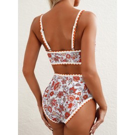 Herseas Women's Bikini Sets Floral Print Color Block Swim Suits High Waisted Scoop Neck Wireless Bathing Suits Orange Travel Outfits Medium
