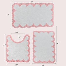 Urltmaji Scalloped Bathroom Rugs Sets 3 Piece, Non-Slip Cute Bath Mat with U-Shaped Contour Quick Dry Absorbent Plush Microfiber Pink Toilet Mats Fun Machine Washable Bath Rug for Sink Tub Shower