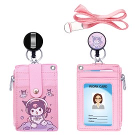 【2025 Latest】Cute ID Badge Holder Retractable Lanyard Reel Clip with Heavy Duty Carabiner,5 Card Slots in 2 Sided with Key Ring and Zipper for Students Teens BoysGirls Office Staff Women (Purple Kuro)