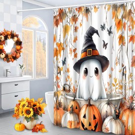Funny Ghost Shower Curtain Fall Spooky Ghost Take Bath Bat Halloween Pumpkin Maple Leaf Thanksgiving Bath Decor Polyester Fabric Curtains 70X70 Inch